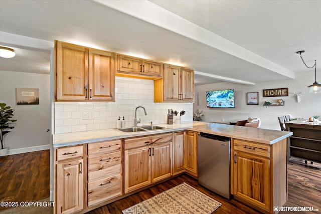 15250 Evergreen Ridge St, Anchorage, AK 99516 - kitchen featuring a peninsula, backsplash, refrigerator, light countertops, and dark wood finished floors