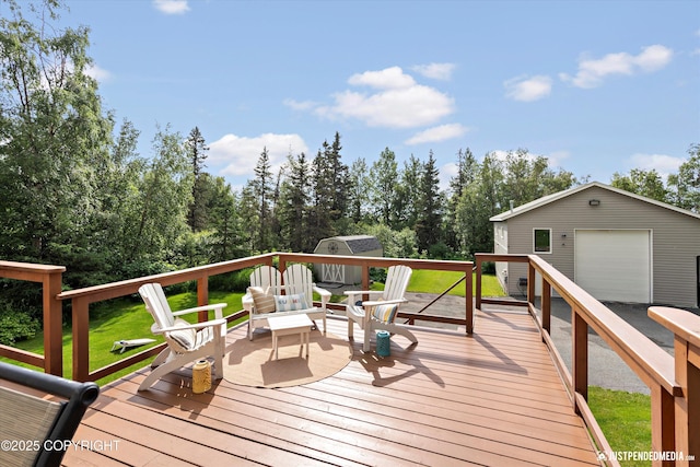 15250 Evergreen Ridge St, Anchorage, AK 99516 - wooden terrace with a detached garage and a storage shed