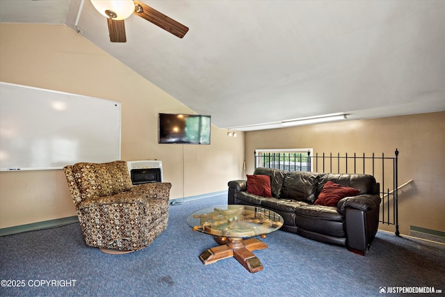 15250 Evergreen Ridge St, Anchorage, AK 99516 - living room with carpet flooring, heating unit, a ceiling fan, and lofted ceiling