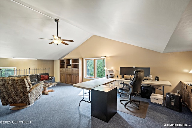 15250 Evergreen Ridge St, Anchorage, AK 99516 - home office with carpet floors, lofted ceiling, and ceiling fan