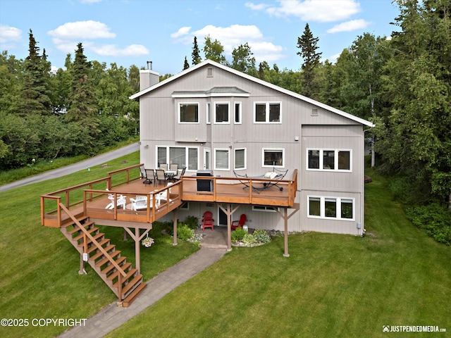 15250 Evergreen Ridge St, Anchorage, AK 99516 - back of house with a wooden deck, a chimney, and a yard