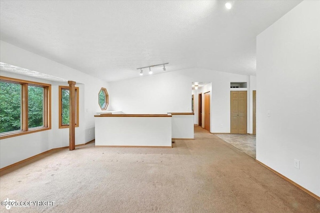 840 N Voss Cir, Wasilla, AK 99623 - unfurnished room featuring light colored carpet, rail lighting, and lofted ceiling