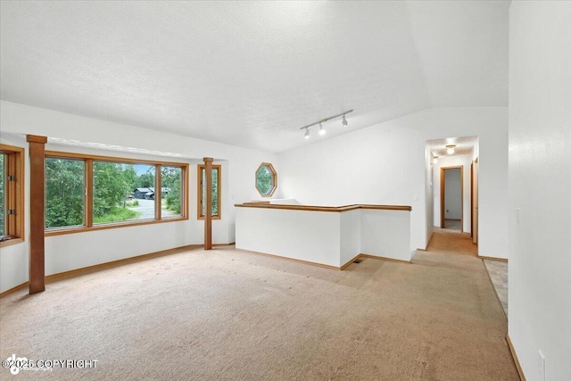 840 N Voss Cir, Wasilla, AK 99623 - spare room featuring carpet floors, rail lighting, vaulted ceiling, and a textured ceiling