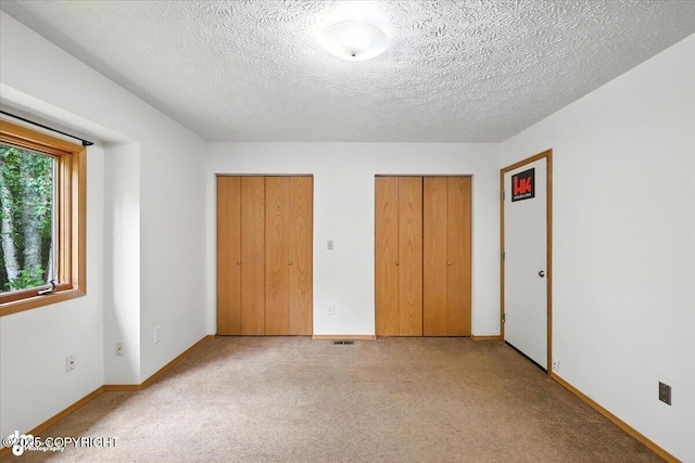 840 N Voss Cir, Wasilla, AK 99623 - unfurnished bedroom featuring carpet flooring, two closets, and a textured ceiling