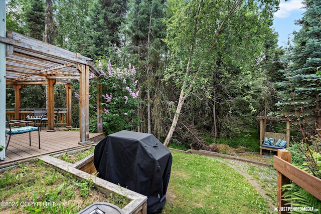 5170 Merle Cir, Anchorage, AK 99507 - view of grassy yard featuring a pergola and a wooden deck