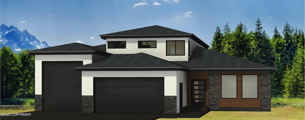 7921 Viola Cir, Anchorage, AK 99516 - contemporary house featuring stone siding, an attached garage, roof with shingles, driveway, and a front lawn