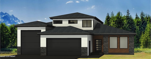 7921 Viola Cir, Anchorage, AK 99516 - contemporary house featuring stone siding, an attached garage, roof with shingles, driveway, and a front lawn