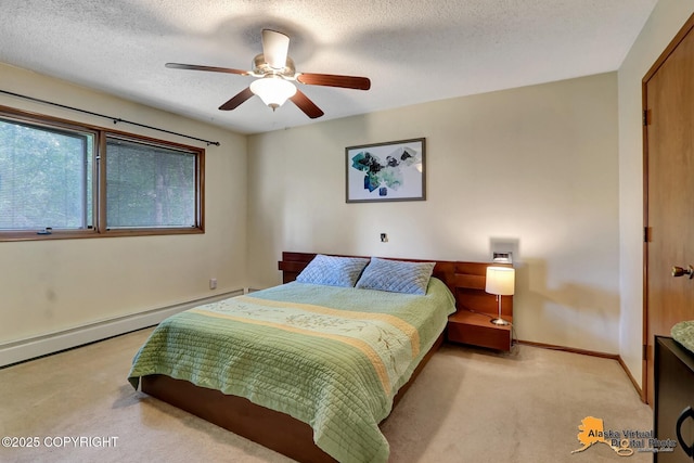 4023 Apollo Dr, Anchorage, AK 99504 - carpeted bedroom featuring a baseboard heating unit, a textured ceiling, and a ceiling fan