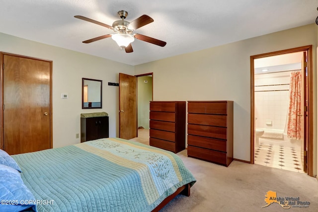 4023 Apollo Dr, Anchorage, AK 99504 - bedroom with light carpet, ensuite bathroom, and a ceiling fan