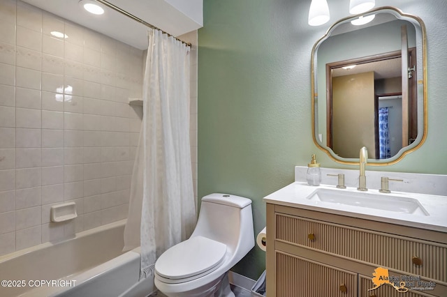 4023 Apollo Dr, Anchorage, AK 99504 - full bathroom featuring vanity, shower / bath combination with curtain, and a textured wall