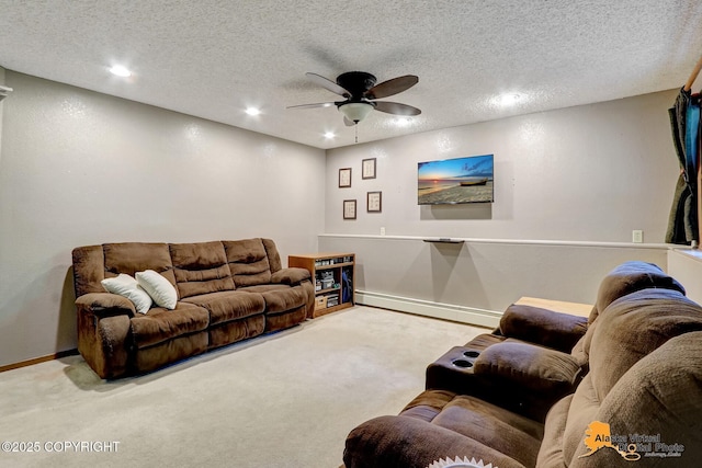 4023 Apollo Dr, Anchorage, AK 99504 - living area with a baseboard radiator, carpet, a ceiling fan, recessed lighting, and a textured ceiling