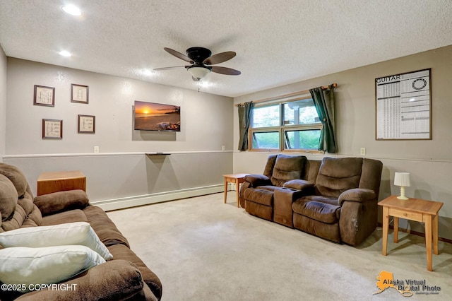 4023 Apollo Dr, Anchorage, AK 99504 - carpeted living room with a baseboard radiator, recessed lighting, a textured ceiling, and a ceiling fan