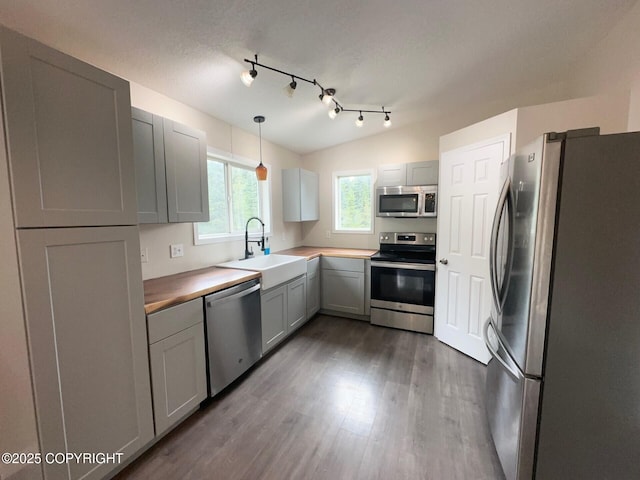 5705 Felix Cir, Homer, AK 99603 - kitchen featuring appliances with stainless steel finishes, dark wood-type flooring, gray cabinets, decorative light fixtures, and rail lighting