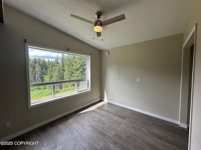 5705 Felix Cir, Homer, AK 99603 - empty room featuring a textured ceiling, dark wood-style floors, ceiling fan, and lofted ceiling