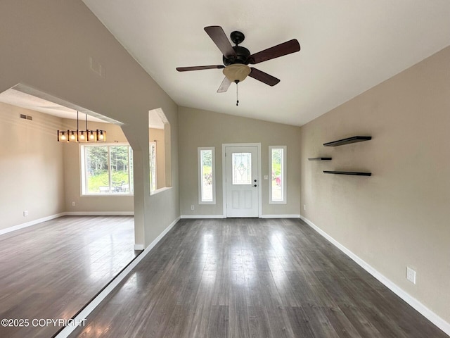 5705 Felix Cir, Homer, AK 99603 - entrance foyer with vaulted ceiling, dark wood-style flooring, and ceiling fan