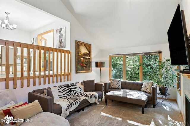 6712 Lunar Dr # K2, Anchorage, AK 99504 - living room with vaulted ceiling, a chandelier, and carpet