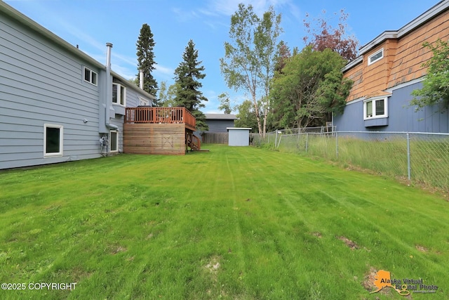 8461 Greenhill Way, Anchorage, AK 99502 - fenced backyard with a shed and a wooden deck
