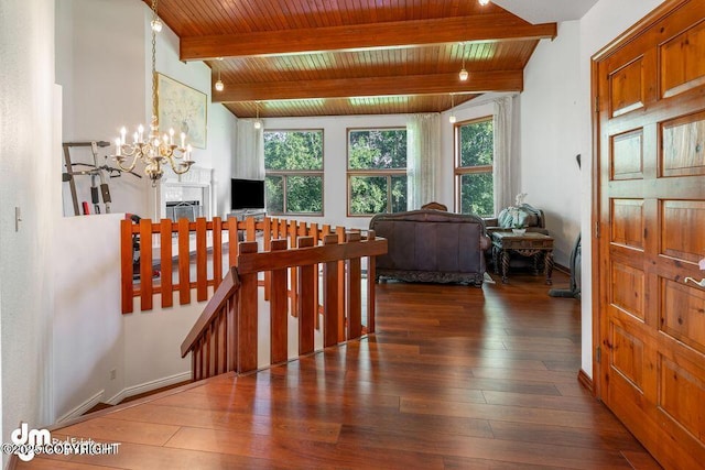 2107 Sorbus Way, Anchorage, AK 99508 - hallway featuring a wooden ceiling with exposed beams, healthy amount of natural light, hardwood / wood-style floors, an upstairs landing, and a chandelier