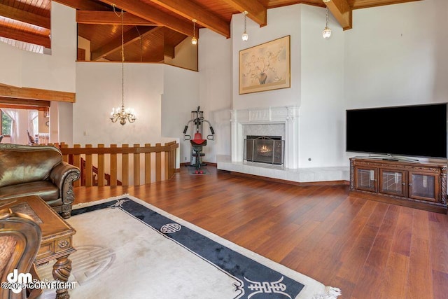 2107 Sorbus Way, Anchorage, AK 99508 - living area featuring a wooden ceiling with exposed beams, wood finished floors, high vaulted ceiling, a chandelier, and a fireplace