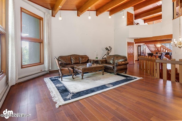 2107 Sorbus Way, Anchorage, AK 99508 - living area featuring a wood ceiling with exposed beams, a baseboard radiator, hardwood / wood-style flooring, and a chandelier