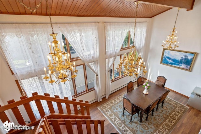 2107 Sorbus Way, Anchorage, AK 99508 - dining area with a chandelier, wood ceiling, and wood finished floors