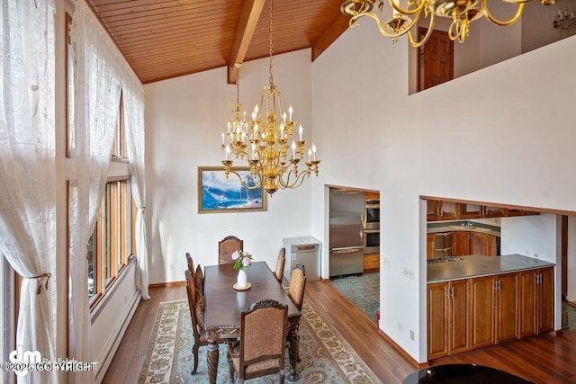 2107 Sorbus Way, Anchorage, AK 99508 - dining area with a chandelier, a wooden ceiling with exposed beams, dark wood-style flooring, and high vaulted ceiling