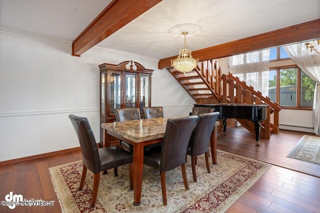 2107 Sorbus Way, Anchorage, AK 99508 - dining area with stairway, a chandelier, beamed ceiling, hardwood / wood-style flooring, and a baseboard heating unit