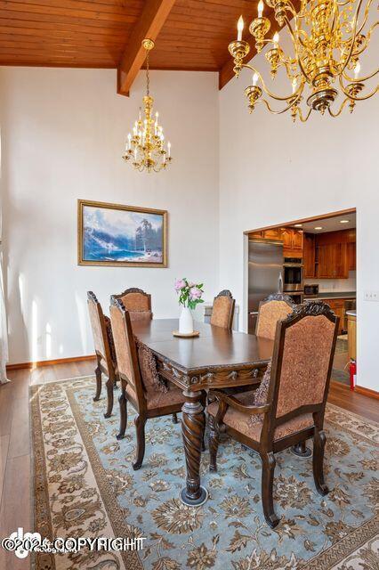 2107 Sorbus Way, Anchorage, AK 99508 - dining area with a wooden ceiling with exposed beams, a chandelier, light wood-type flooring, and a high ceiling