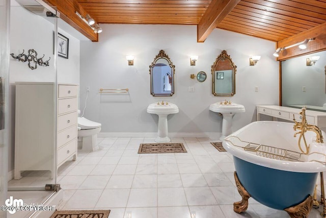 2107 Sorbus Way, Anchorage, AK 99508 - full bath featuring a wooden ceiling with exposed beams, a freestanding bath, and a stall shower