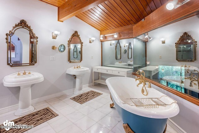 2107 Sorbus Way, Anchorage, AK 99508 - bathroom featuring a freestanding bath, two sinks, a wooden ceiling with exposed beams, and tile patterned floors