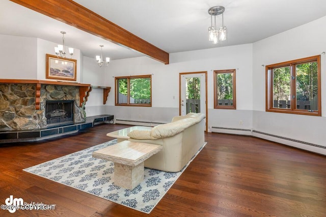 2107 Sorbus Way, Anchorage, AK 99508 - living area with a chandelier, a baseboard heating unit, healthy amount of natural light, and beamed ceiling