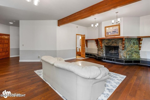 2107 Sorbus Way, Anchorage, AK 99508 - living room featuring wood finished floors, a chandelier, beam ceiling, and a fireplace