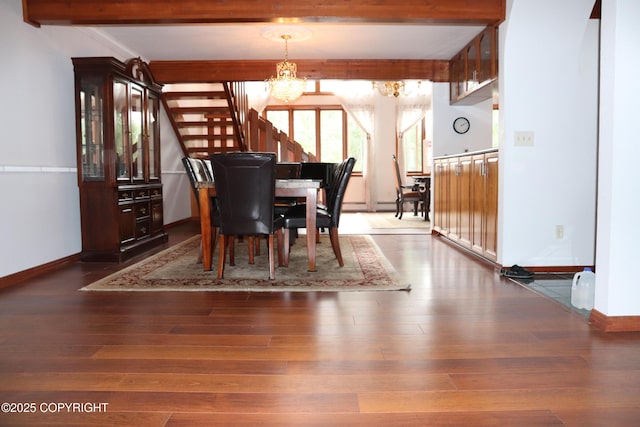 2107 Sorbus Way, Anchorage, AK 99508 - dining space featuring a chandelier, beam ceiling, stairs, and wood finished floors