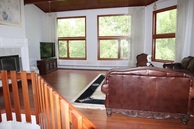 2107 Sorbus Way, Anchorage, AK 99508 - living area featuring wood finished floors, healthy amount of natural light, a fireplace, wood ceiling, and a baseboard radiator