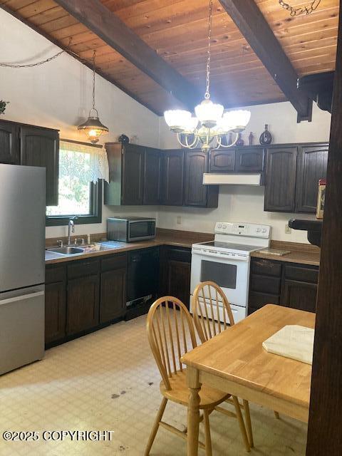 2531 W 79th Ave, Anchorage, AK 99502 - kitchen featuring stainless steel appliances, wood ceiling, a chandelier, hanging light fixtures, and under cabinet range hood