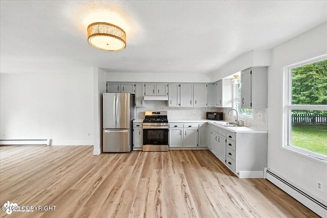 173 W Corral Ave, Soldotna, AK 99669 - kitchen with appliances with stainless steel finishes, a baseboard radiator, gray cabinets, light wood finished floors, and healthy amount of natural light