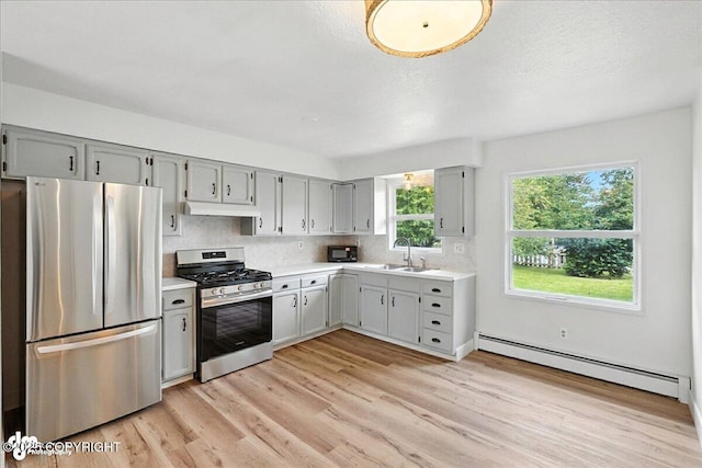173 W Corral Ave, Soldotna, AK 99669 - kitchen with appliances with stainless steel finishes, a baseboard heating unit, gray cabinetry, light wood-style floors, and light countertops