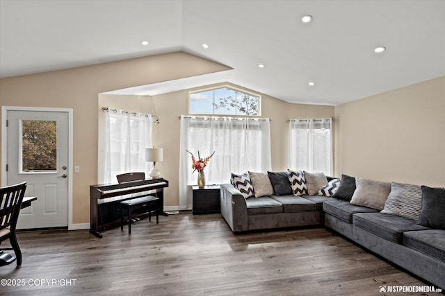 369 Breeze Ct # 13, Anchorage, AK 99515 - living room with vaulted ceiling, wood finished floors, and recessed lighting
