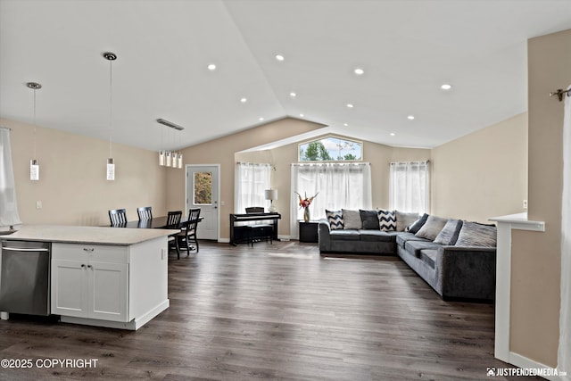 369 Breeze Ct # 13, Anchorage, AK 99515 - living room featuring vaulted ceiling, dark wood-type flooring, and recessed lighting