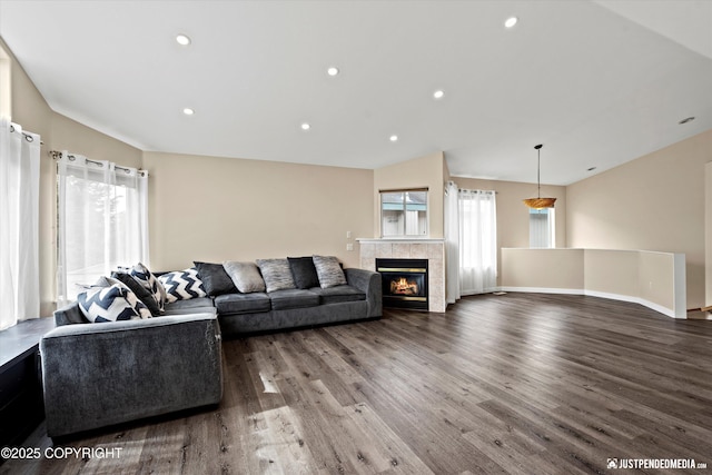 369 Breeze Ct # 13, Anchorage, AK 99515 - living room featuring wood finished floors, a tile fireplace, and recessed lighting