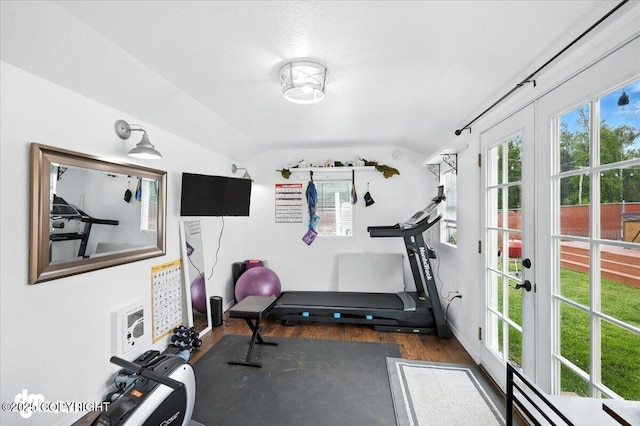 16720 E Maud Rd, Palmer, AK 99645 - workout area featuring lofted ceiling, wood finished floors, plenty of natural light, and french doors