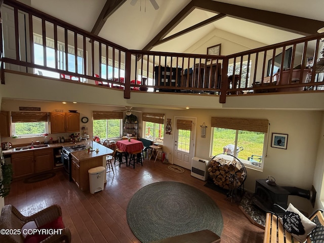 2008 Bickford Cir, Seldovia, AK 99663 - living room with a ceiling fan, high vaulted ceiling, plenty of natural light, dark wood-style flooring, and heating unit