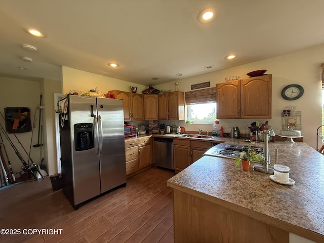 2008 Bickford Cir, Seldovia, AK 99663 - kitchen with stainless steel appliances, dark wood-type flooring, recessed lighting, and a peninsula