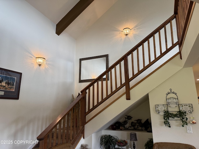 2008 Bickford Cir, Seldovia, AK 99663 - staircase with high vaulted ceiling and beam ceiling