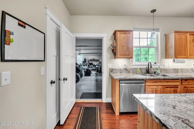 5305 N Caprice Dr, Palmer, AK 99645 - kitchen with dishwasher, dark wood finished floors, light stone countertops, and pendant lighting