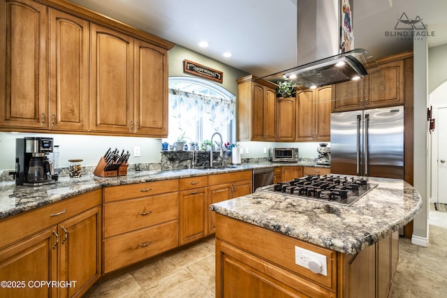 17237 E Smith Rd, Palmer, AK 99645 - kitchen featuring stainless steel appliances, brown cabinetry, light stone counters, and recessed lighting
