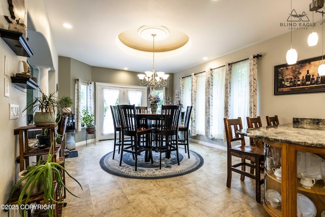 17237 E Smith Rd, Palmer, AK 99645 - dining space featuring a chandelier, recessed lighting, and a raised ceiling