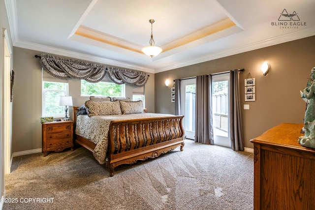 17237 E Smith Rd, Palmer, AK 99645 - bedroom featuring access to outside, carpet flooring, a raised ceiling, and ornamental molding