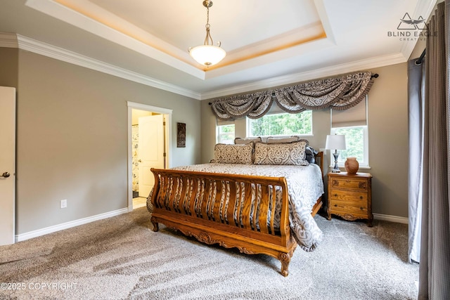 17237 E Smith Rd, Palmer, AK 99645 - carpeted bedroom featuring crown molding, a tray ceiling, and ensuite bathroom