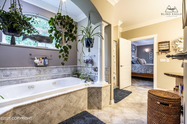 17237 E Smith Rd, Palmer, AK 99645 - bathroom featuring ornamental molding, decorative columns, a garden tub, and ensuite bath